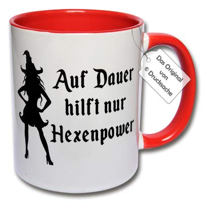 Lustige Tasse, Kaffeetasse mit Aufdruck Hexe Auf Dauer hilft nur Hexenpower Hexentasse Geschenk Frau (G: Rot) von CRP