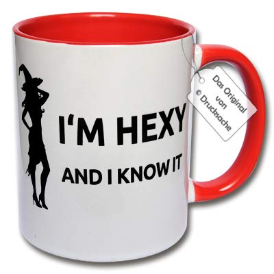 Lustige Tasse, Kaffeetasse mit Aufdruck sexy Hexe "I'M HEXY AND I KNOW IT" Hexentasse Geschenk Frau (G: Rot) von CRP