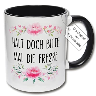 Lustige Tasse, Kaffeetasse mit Spruch "Halt doch bitte mal die Fresse" Geschenk Kollegen Büro (Schwarz-Weiß) von CRP