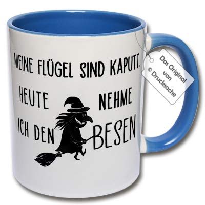 Lustige Tasse, Kaffeetasse mit Spruch Hexe "Meine Flügel sind kaputt. Heute nehme ich den Besen" Hexentasse Geschenk Frau (C: Blau) von CRP