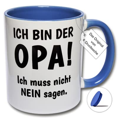 Lustige Tasse, Kaffeetasse mit Spruch "ICH BIN DER OPA! Ich muss nicht NEIN sagen." Geschenkidee Kollegen (D: Blaue Tasse inkl. blauem Tassendeckel) von CRP