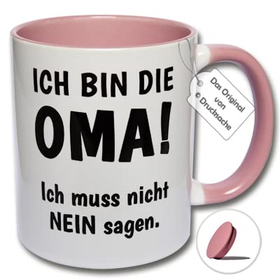 Lustige Tasse, Kaffeetasse mit Spruch "ICH BIN DIE OMA! Ich muss nicht NEIN sagen." Geschenkidee Oma (D: Rosa Tasse inkl. rosa Tassendeckel) von CRP