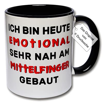 Lustige Tasse, Kaffeetasse mit Spruch "Ich bin heute emotional sehr nah am Mittelfinger gebaut" Teetasse Geschenk Kollegen (Schwarz-Weiß) von CRP