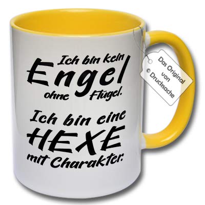 Lustige Tasse, Kaffeetasse mit Spruch "Ich bin kein Engel ohne Flügel. Ich bin eine Hexe mit Charakter." Geschenk Frau (D: Gelb) von CRP