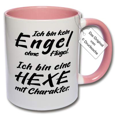 Lustige Tasse, Kaffeetasse mit Spruch "Ich bin kein Engel ohne Flügel. Ich bin eine Hexe mit Charakter." Geschenk Frau (F: Rosa) von CRP
