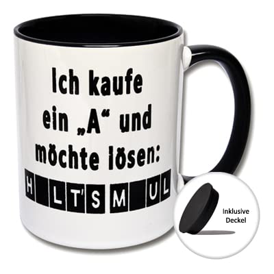 CRP Lustige Tasse, Kaffeetasse mit Spruch 'Ich kaufe ein A und möchte lösen Halt's Maul' Spruchtasse Geschenk Büro (Schwarz-Weiße Tasse mit schwarzem Tassendeckel) von CRP