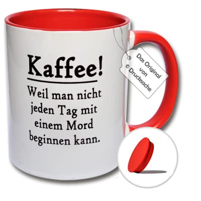 CRP Lustige Tasse, Kaffeetasse mit Spruch 'Kaffee! Weil man nicht jeden Tag mit einem Mord beginnen kann.' inkl. farblich passendem Tassendeckel (Rot) von CRP