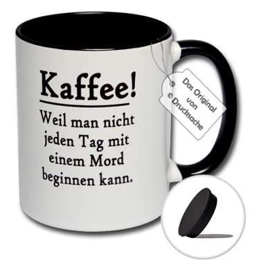 Lustige Tasse, Kaffeetasse mit Spruch "Kaffee! Weil man nicht jeden Tag mit einem Mord beginnen kann." inkl. farblich passendem Tassendeckel (Schwarz-Weiß) von CRP