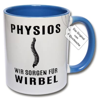 Lustige Tasse, Kaffeetasse mit Spruch "PHYSIOS WIR SORGEN FÜR WIRBEL" Geschenkidee Physiotherapeut (Blau) von CRP