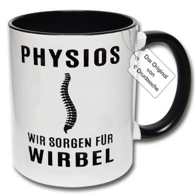 Lustige Tasse, Kaffeetasse mit Spruch PHYSIOS WIR SORGEN FÜR WIRBEL Geschenkidee Physiotherapeut (Schwarz-Weiß) von CRP