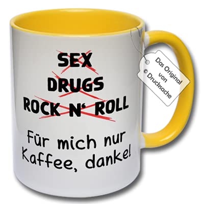 Lustige Tasse, Kaffeetasse mit Spruch "Sex Drugs Rock N' Roll Für mich nur Kaffee, danke!" Geschenk Kollegen (Gelb) von CRP