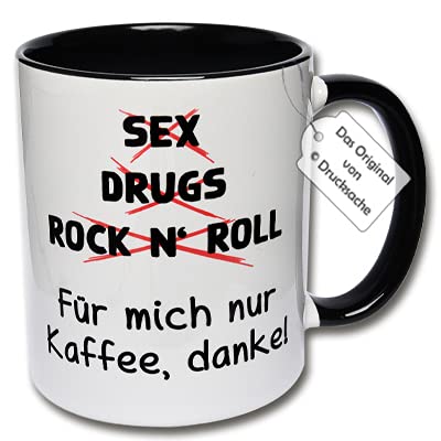 Lustige Tasse, Kaffeetasse mit Spruch "Sex Drugs Rock N' Roll Für mich nur Kaffee, danke!" Geschenk Kollegen (Schwarz-Weiß) von CRP