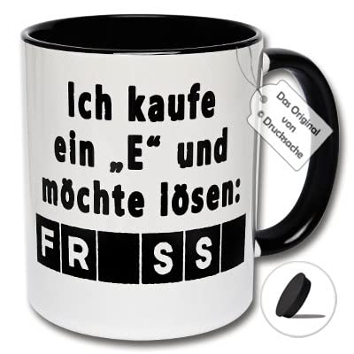 Lustige Tasse Büro, Kaffeetasse mit Spruch "Ich kaufe ein E und möchte lösen: FRESSE" Geschenk für Freunde (B: Schwarz-Weiße Tasse inkl. schwarzem Tassendeckel) von CRP