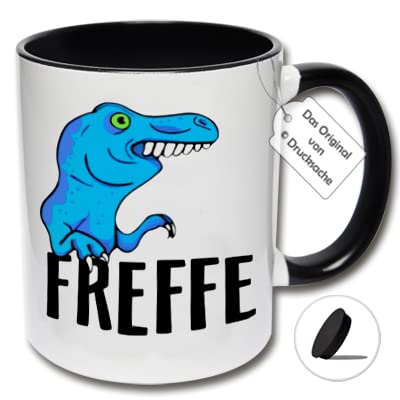 Lustige Tasse T-Rex, Spruchtasse Tyrannosaurus, Kaffeetasse mit Dino FREFFE Geschenkidee für Freunde (B: Schwarz-Weiß inkl. schwarzem Tassendeckel) von CRP