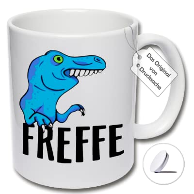 Lustige Tasse T-Rex, Spruchtasse Tyrannosaurus, Kaffeetasse mit Dino "FREFFE" Geschenkidee für Freunde (C: Weiß inkl. weißem Tassendeckel) von CRP