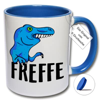 Lustige Tasse T-Rex, Spruchtasse Tyrannosaurus, Kaffeetasse mit Dino FREFFE Geschenkidee für Freunde (D: Blau inkl. blauem Tassendeckel) von CRP