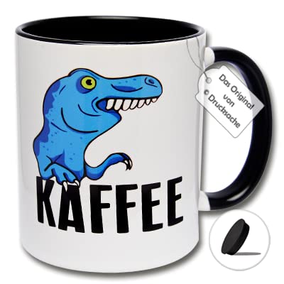 Lustige Tasse T-Rex, Spruchtasse Tyrannosaurus, Kaffeetasse mit Dino KAFFEE Geschenkidee für Freunde (B: Schwarz-Weiße Tasse inkl. schwarzem Tassendeckel) von CRP