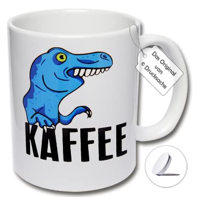 Lustige Tasse T-Rex, Spruchtasse Tyrannosaurus, Kaffeetasse mit Dino "KAFFEE" Geschenkidee für Freunde (C: Weiße Tasse inkl. weißem Tassendeckel) von CRP