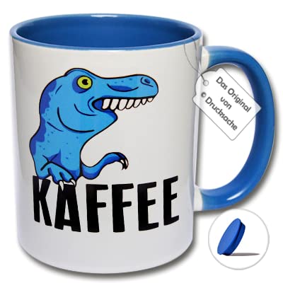 Lustige Tasse T-Rex, Spruchtasse Tyrannosaurus, Kaffeetasse mit Dino "KAFFEE" Geschenkidee für Freunde (D: Blaue Tasse inkl. blauem Tassendeckel) von CRP