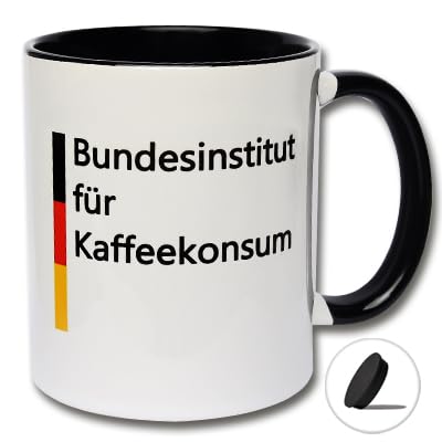 Lustige Tasse mit Aufdruck Bundestinstitut für Kaffeekonsum Kaffeetasse mit Tassendeckel, Kaffeebecher Deutschland (B: Schwarz-Weiße Tasse inkl. schwarzem Tassendeckel) von CRP