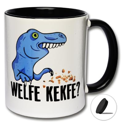 Lustige Tasse mit Dinosaurier WELFE KEKFE? Kaffeetasse inkl. Tassendeckel, Spruchtasse mit T-Rex (B: Schwarz-Weiße Tasse inkl. schwarzem Tassendeckel) von CRP