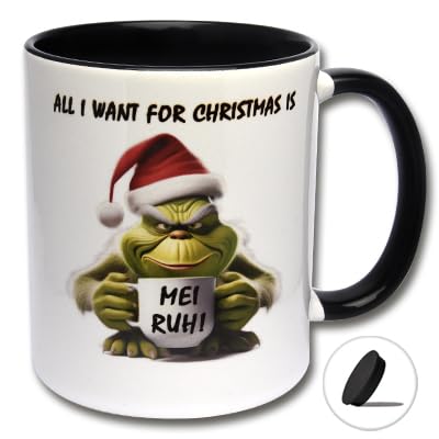 Lustige Tasse mit Grinch - Motiv ALL I WANT FOR CHRISTMAS IS MEI RUH! Kaffeetasse inkl. Tassendeckel Weihnachtstasse (A: Schwarz-Weiße Tasse inkl. schwarzem Tassendeckel) von CRP