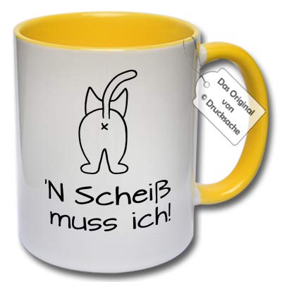 Lustige Tasse mit Katze, Kaffeetasse mit Spruch "N Scheiß muss ich!" Spruchtasse Geschenkidee Büro (D: Gelb) von CRP