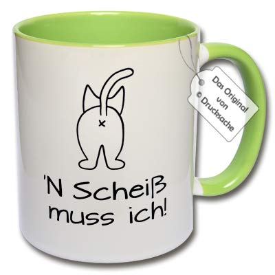 Lustige Tasse mit Katze, Kaffeetasse mit Spruch "N Scheiß muss ich!" Spruchtasse Geschenkidee Büro (E: Grün) von CRP