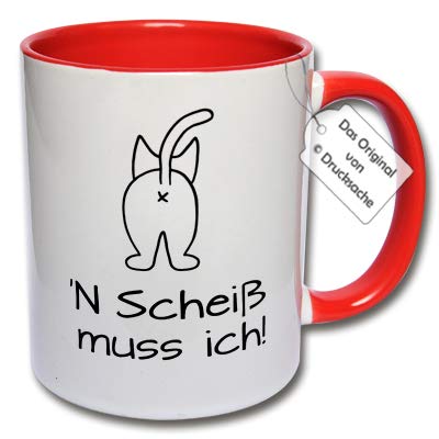 Lustige Tasse mit Katze, Kaffeetasse mit Spruch "N Scheiß muss ich!" Spruchtasse Geschenkidee Büro (G: Rot) von CRP
