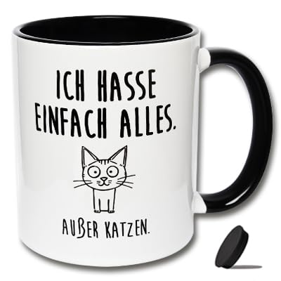 Lustige Tasse mit Katzenmotiv und Deckel "Ich hasse einfach alles. Außer Katzen." Tasse Katzenmama, Katzentasse, Kaffeetasse mit Katze (C: Schwarz-Weiße Tasse inkl. schwarzem Tassendeckel) von CRP
