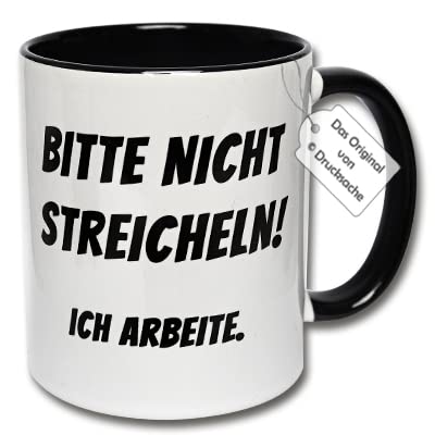 Lustige Tasse mit Spruch, Teetasse, Kaffeetasse "BITTE NICHT STREICHELN! ICH ARBEITE." Geschenk für Kollegen und Freunde (B: Schwarz-Weiß) von CRP