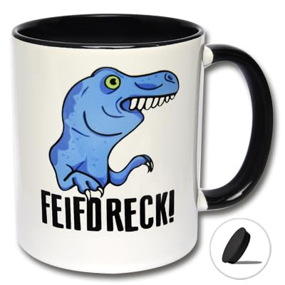 Lustige Tasse mit T-Rex FEIFDRECK! Kaffeetasse mit Deckel, Kaffeebecher, Spruchtasse mit Dino (B: Schwarz-Weiße Tasse inkl. schwarzem Tassendeckel) von CRP