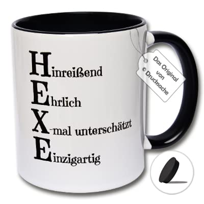 Tasse mit Spruch, Kaffeetasse, Hexen - Tasse "HEXE" Eigenschaften Geschenkidee Frauen (B: Schwarz-Weiße Tasse inkl. schwarzem Tassendeckel) von CRP