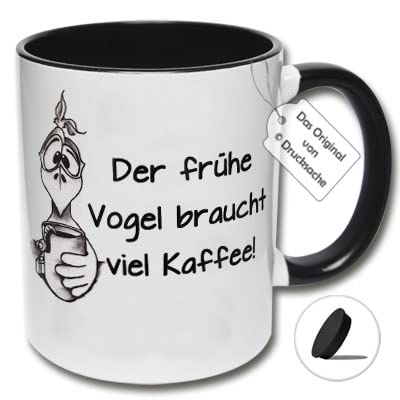 Tasse mit Spruch, lustige Kaffeetasse, "Der frühe Vogel braucht viel Kaffee!" Lustiges Geschenk für Freunde (B: Schwarz-Weiße Tasse inkl. schwarzem Tassendeckel) von CRP