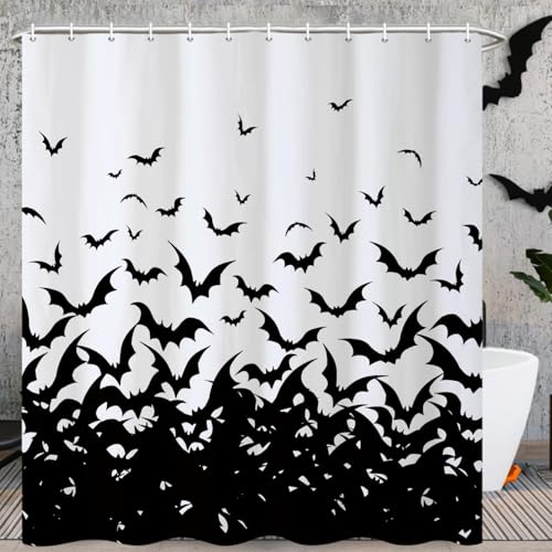 CRTPOD Gruseliger Halloween-Duschvorhang, Gothic-Horror, gruselig, schwarz-weiß, Fledermaus, Badezimmervorhang, Halloween, dunkle Tiere, wasserdichter Stoff, Badewannenvorhang-Set mit Haken, 183 cm B CRTPOD Gruseliger Halloween-Duschvorhang, Gothic-Horror, gruselig, schwarz-weiß, Fledermaus, Badezimmervorhang, Halloween, dunkle Tiere, wasserdichter Stoff, Badewannenvorhang-Set mit Haken, 183 cm B von CRTPOD