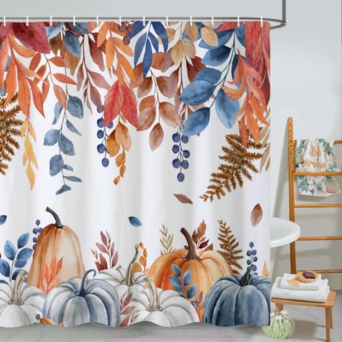 CRTPOD Herbst-Kürbis-Duschvorhang, Aquarell, Herbst-Kürbisse, gelb-blaue Blätter, Badezimmer-Vorhang, Ernte, Erntedankfest, wasserdichter Stoff, Badvorhang-Sets mit Haken, 183 cm B x 183 cm L CRTPOD Herbst-Kürbis-Duschvorhang, Aquarell, Herbst-Kürbisse, gelb-blaue Blätter, Badezimmer-Vorhang, Ernte, Erntedankfest, wasserdichter Stoff, Badvorhang-Sets mit Haken, 183 cm B x 183 cm L von CRTPOD