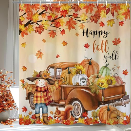 CRTPOD Herbst-LKW-Duschvorhang, Herbst-Kürbis-Vogelscheuche, Ahornblätter, Badezimmer-Vorhänge, Erntedankfest, Ernte, Bauernhaus, wasserdichter Stoff, Badewannen-Vorhang-Sets mit Haken CRTPOD Herbst-LKW-Duschvorhang, Herbst-Kürbis-Vogelscheuche, Ahornblätter, Badezimmer-Vorhänge, Erntedankfest, Ernte, Bauernhaus, wasserdichter Stoff, Badewannen-Vorhang-Sets mit Haken von CRTPOD