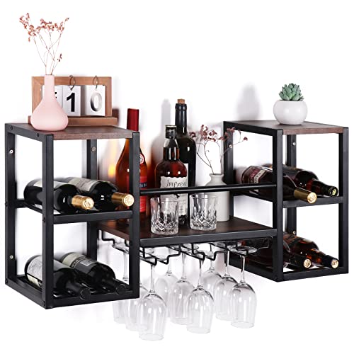 CRUDATE Hängendes Weinregal zur Wandmontage, schwebendes Likör-Flaschenregal mit 3 Team-Glashalter, Weinregal, Bar-Regale, Stielglas-Regal für Wand, Weinaufbewahrung, Esszimmer, Küche von CRUDATE