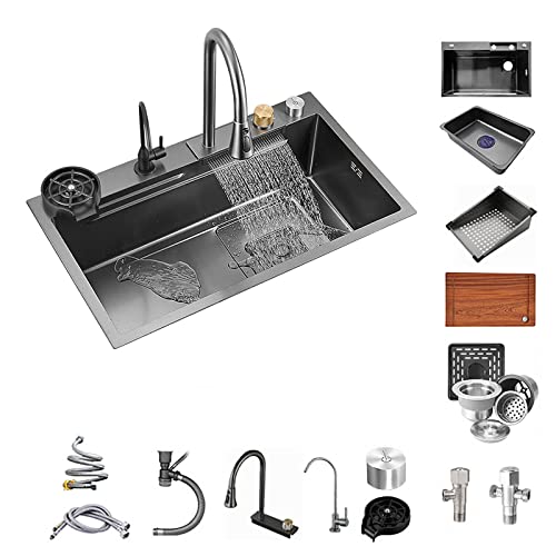 CRUHRE Küchenspüle,304 Edelstahl Spülbecken,Wasserfallspüle,Nano Spülbecken,mit ausziehbarem Wasserhahn unter Druck stehender Becherspüle,Drop In Top Or Under Mount 80 * 45cm von CRUHRE