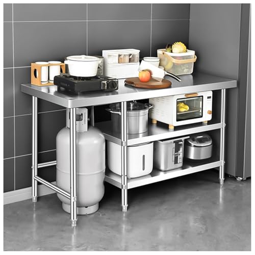 Edelstahl Lebensmittelzubereitungstisch, 3-stufig Restaurant Gewerbe Arbeitstisch Thickened Edelstahl Workbench Rounded Corner Design Dreieckige Struktur Einstellbare Füße(19.7x47.2x31.5in) von CRYSEU