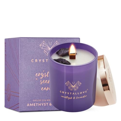 CRYSTALLOVE Duftkerze im Glas - Natürliche Soja-Kerze mit Amethyst und Lavendel - Candle - Geschenk Kerze - 220g - lang anhaltende Kerze für Zuhause - Blumenduft von CRYSTALLOVE