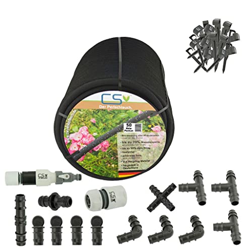 50 Meter Tropfschlauch Bewässerungsschlauch Gartenschlauch Perlschlauch Sets (1x 50m Premium mit Druckminderer) von CS Bewässerungssysteme GmbH