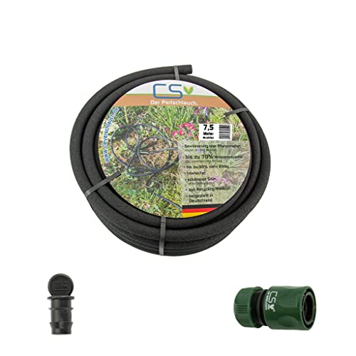 CS Perlschlauch 7,5 m drucklos für Regentonne & Regenfass – eco, nachhaltig & ökologisch – wassersparender Tropfschlauch zur einfachen Gartenbewässerung mit Schnellschlauchstück & Endstopfen von CS Bewässerungssysteme GmbH