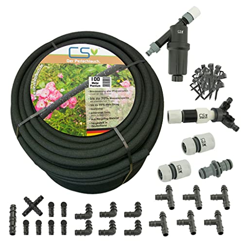 CS Premium Perlschlauch 100m – eco Bewässerungsset mit Druckminderer & Zubehör – für nachhaltige Hochbeet-, Beet- & Heckenbewässerung mit bis zu 70 % Wasserersparnis von CS Bewässerungssysteme GmbH