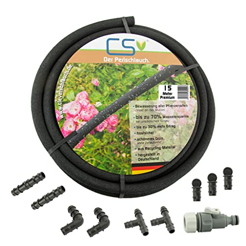 CS Perlschlauch Premium 15 Meter mit Durchflussreduziertem Regulierventil und Endstopfen + Verbinder von CS Bewässerungssysteme GmbH