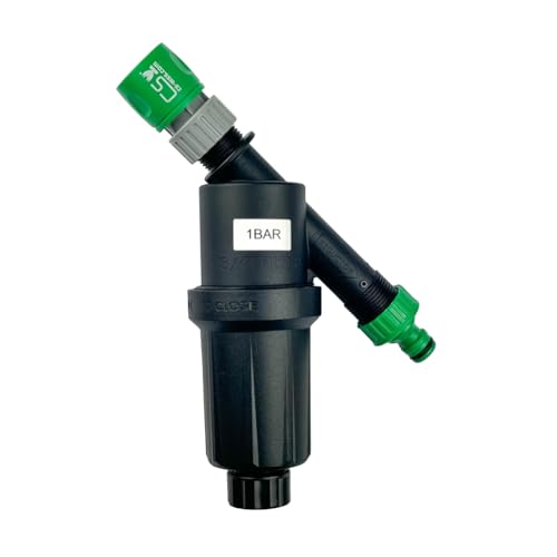 Wasserfilter 125 Micron mit Druckminderer 1.0 bar und Hahnanschluss und Schnellschlauchstück für die Gartenbewässerung mit CS Perlschlauch/Gartenschlauch von CS Bewässerungssysteme GmbH