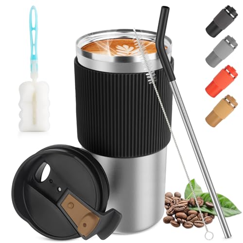 CS COSDDI Thermobecher- Isolierbecher, Kaffeebecher to Go 450ml/15oz auslaufsicher Reisebecher mit Deckel Coffee Mug Cafe Becher für Tee Kaffee Heißes Kaltes Wasser aus Edelstahl von CS COSDDI