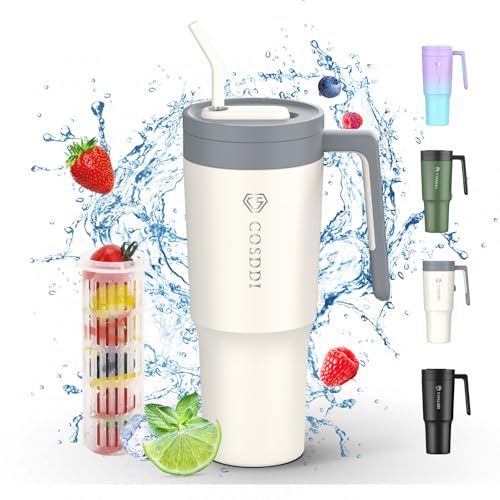 CS COSDDI Thermobecher mit Strohhalm, 40oz Kaffeebecher to go mit Stroh und Griff 1180ml Autobecher Becher Tumbler Thermobecher Doppelwandiger Edelstahl Auslaufsicher Isolierbecher (40oZ Beige) von CS COSDDI