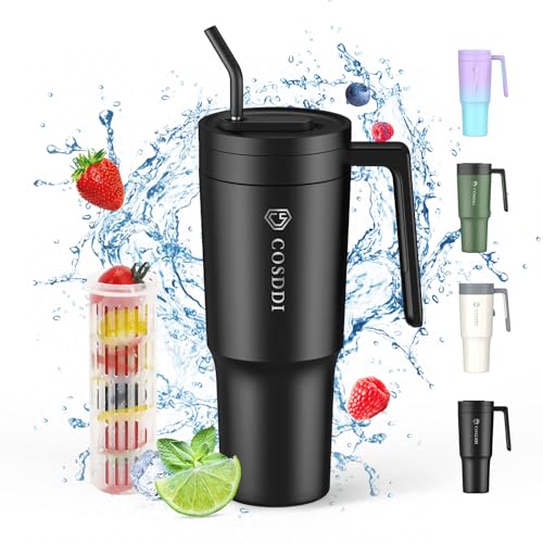 CS COSDDI Thermobecher mit Strohhalm, 40oz Kaffeebecher to go mit Stroh und Griff 1180ml Autobecher Becher Tumbler Thermobecher Doppelwandiger Edelstahl Auslaufsicher Isolierbecher (40oZ Black) von CS COSDDI