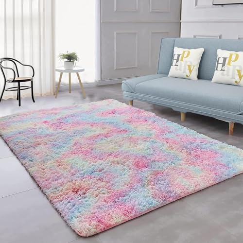 Shaggy Hochflor Teppich, Wohnzimmer Carpet - Anti-Rutsch Unterseite Soft Area Rug Fellteppich, für Küche oder Kinderzimmer, Schlafzimmer, Bettvorleger Flur Bodenmatte Regenbogenfarben (120 * 160cm) von CSARPECT